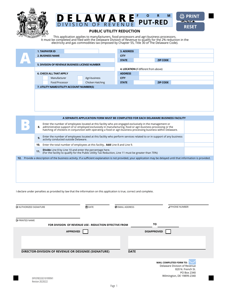 Form PUT-RED Public Utility Reduction - Delaware, Page 1