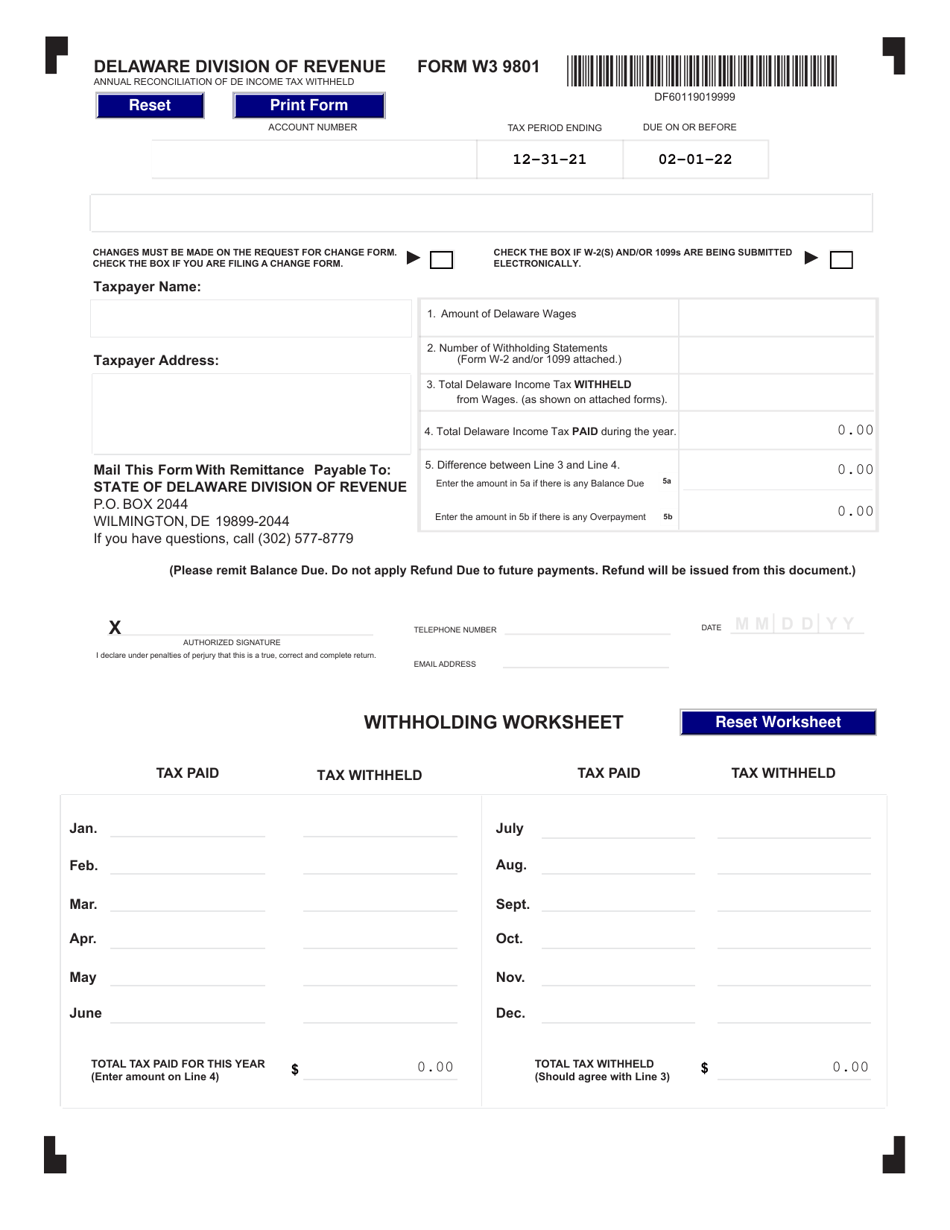 Form W3 9801 Annual Reconciliation of Delaware Income Tax Withheld - Delaware, Page 1