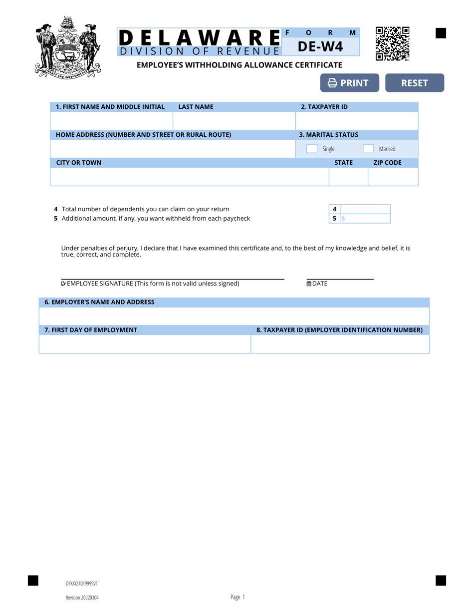 Form DE-W4 Employees Withholding Allowance Certificate and Computation Worksheet - Delaware, Page 1
