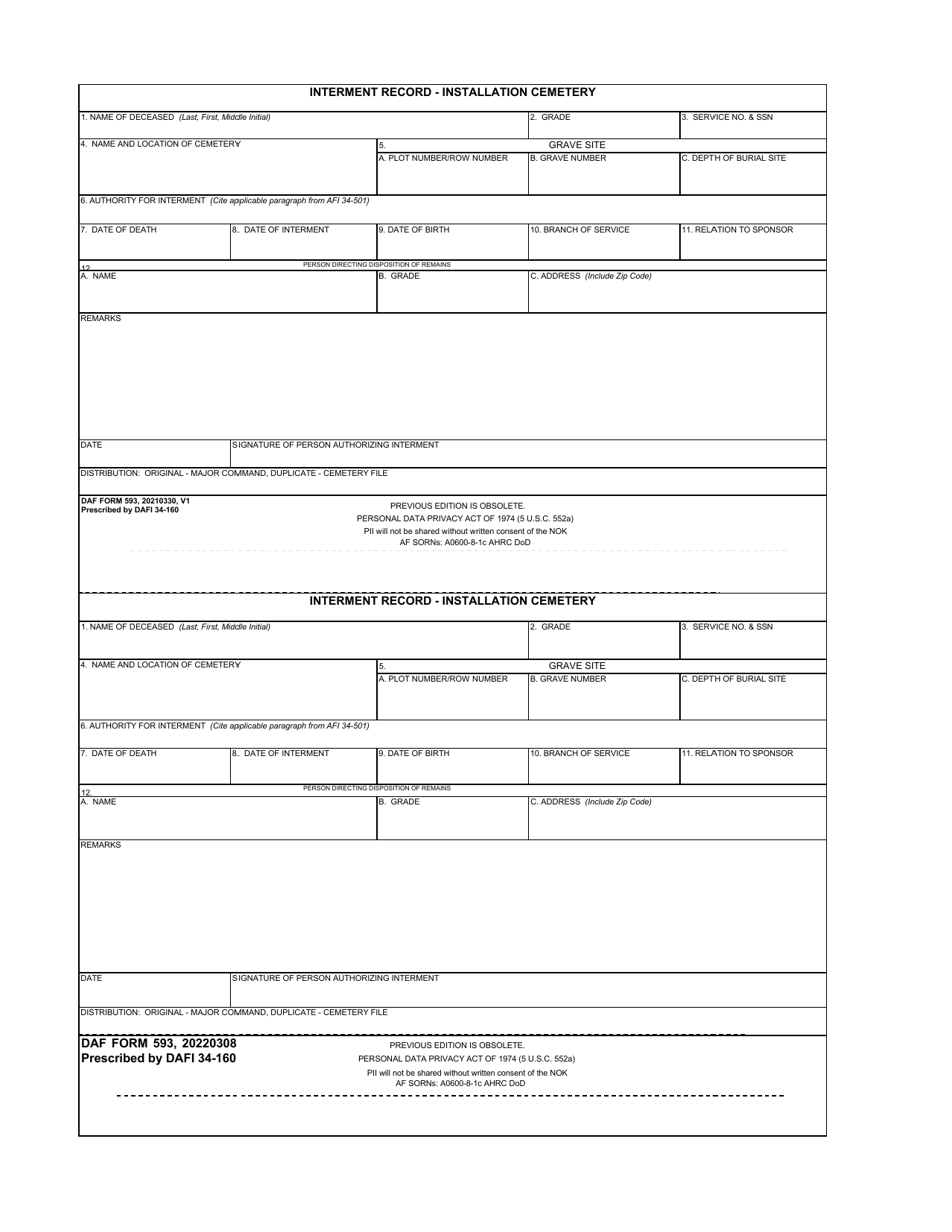 DAF Form 593 Interment Record - Installation Cemetery, Page 1