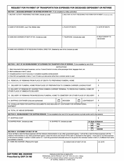 DAF Form 969 Request for Payment of Transportation Expenses for Deceased Dependent or Retiree