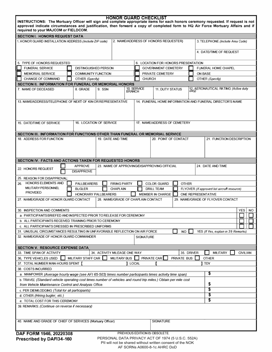 DAF Form 1946 Honor Guard Checklist, Page 1