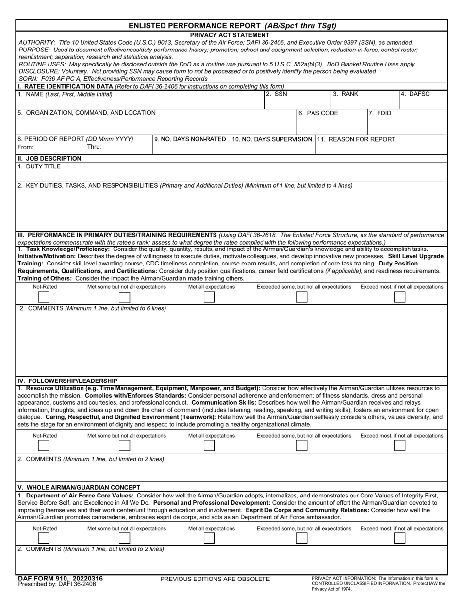 DAF Form 910 Enlisted Performance Report (AB / Spc1 Thru TSGT), Page 1