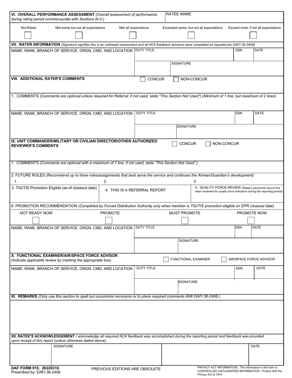 Daf Form 910 Fill Out Sign Online And Download Fillable Pdf