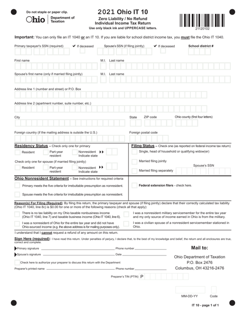 Form IT10 Zero Liability/No Refund Individual Income Tax Return - Ohio, 2021
