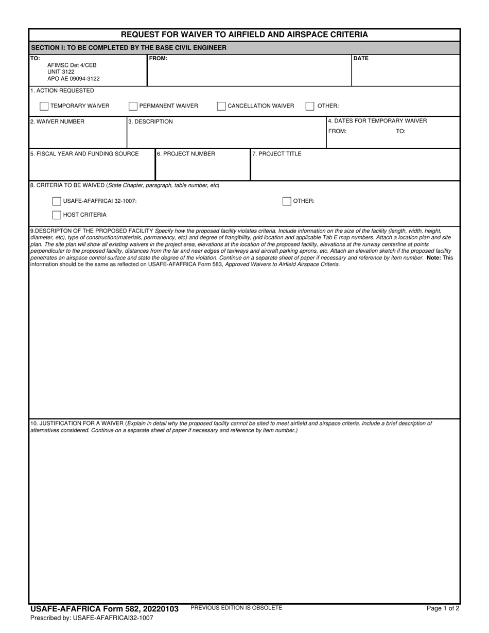 USAFE-AFAFRICA Form 582 Request for Waiver to Airfield and Airspace, Page 1