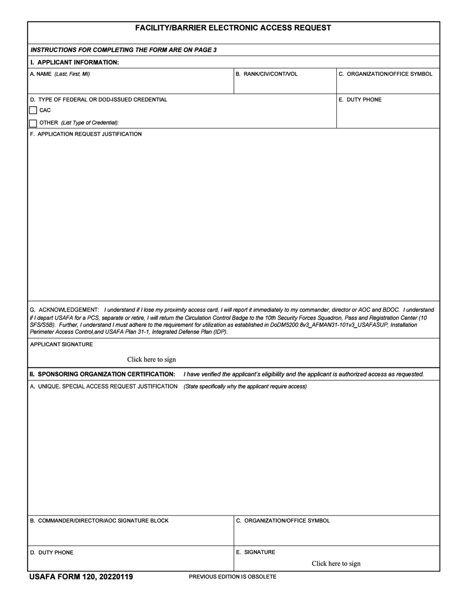 USAFA Form 120 Facility / Barrier Electronic Access Request, Page 1