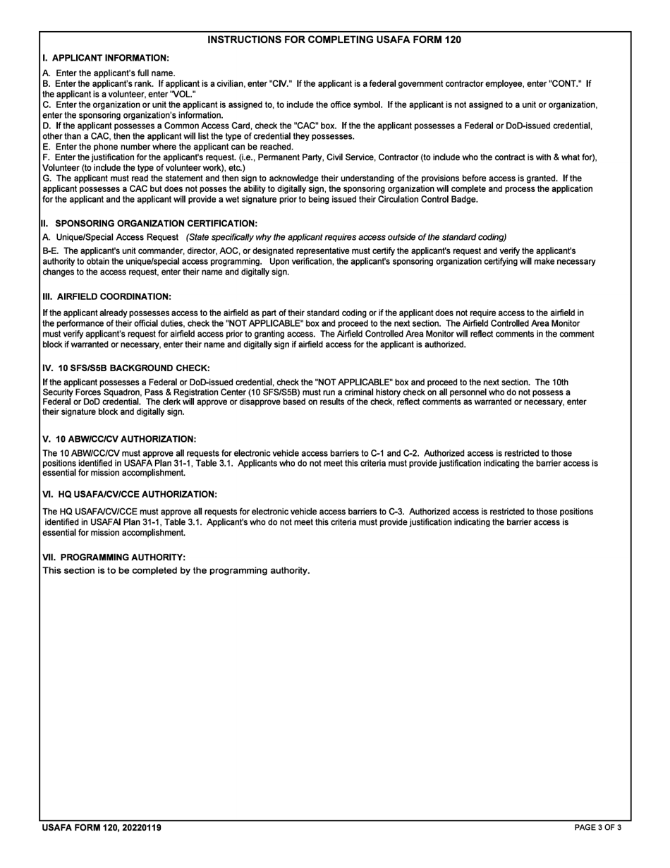 USAFA Form 120 Facility / Barrier Electronic Access Request, Page 3