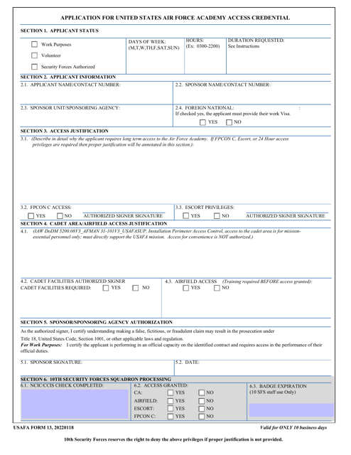 USAFA Form 13  Printable Pdf