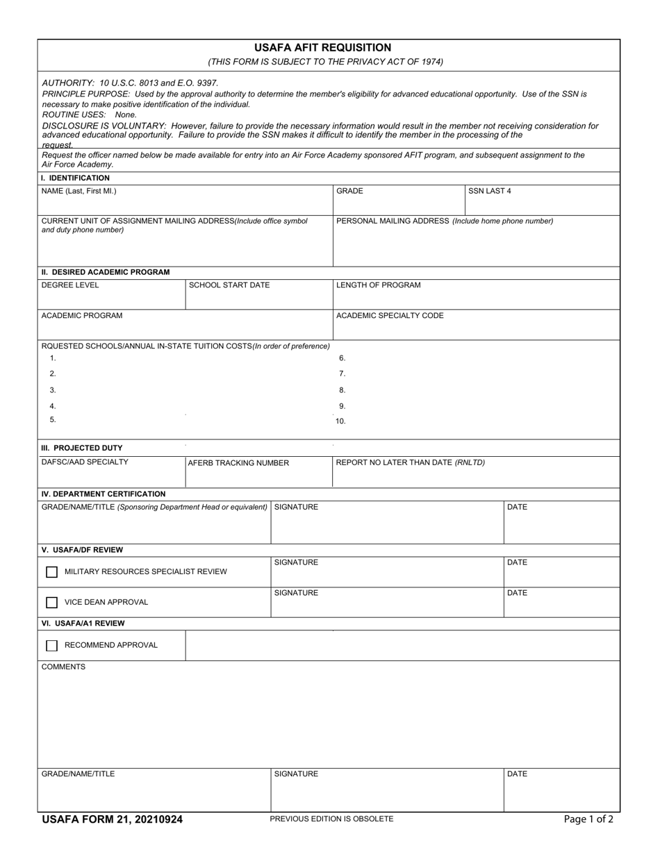 USAFA Form 21 Usafa Afit Requisition, Page 1