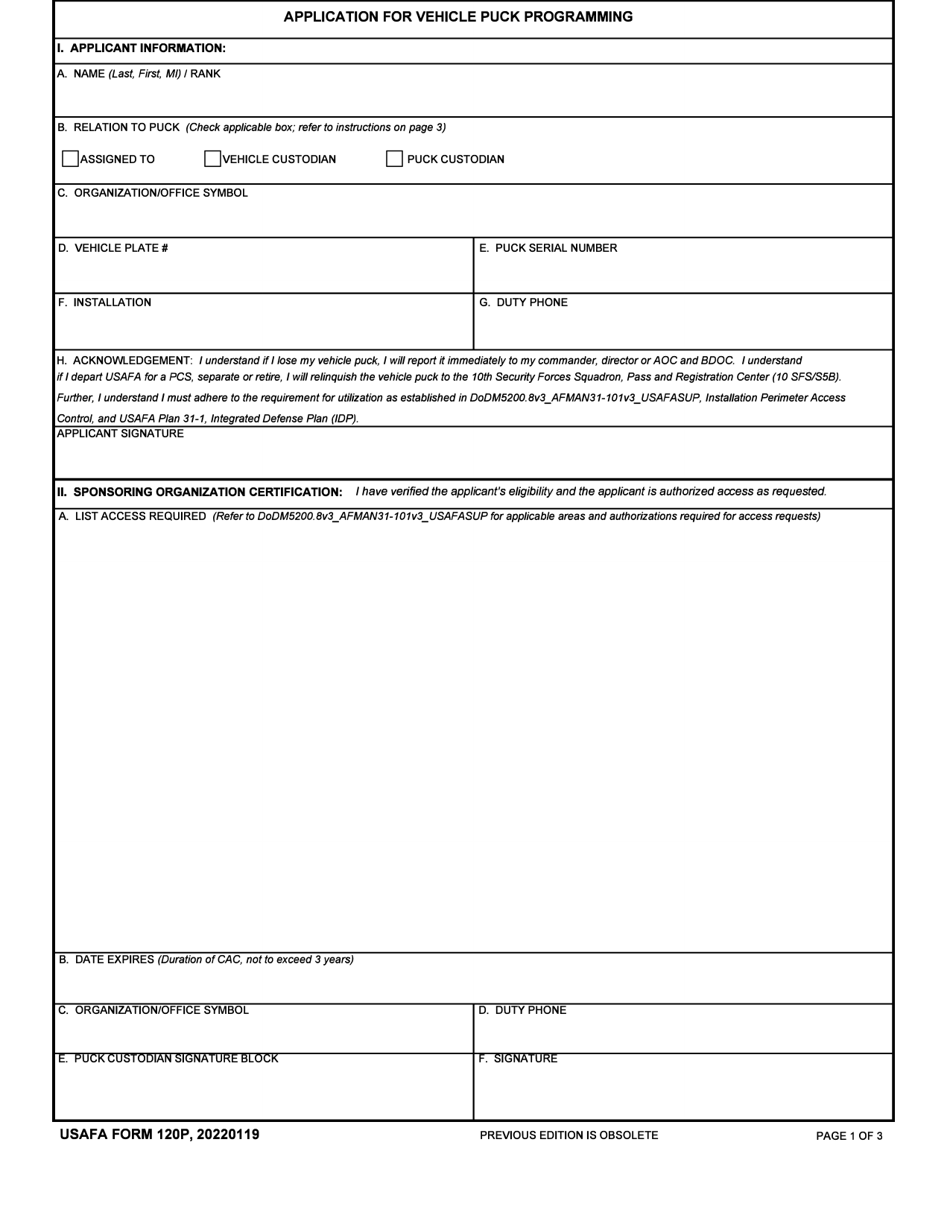 USAFA Form 120P Application for Vehicle Puck Programming, Page 1