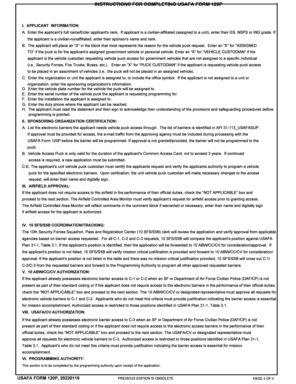 USAFA Form 120P Application for Vehicle Puck Programming, Page 3
