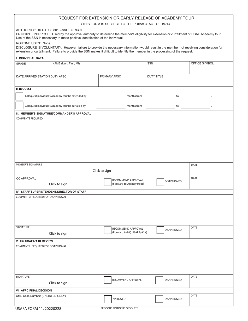 USAFA Form 11 Request for Extension or Early Release of Academy Tour, Page 1