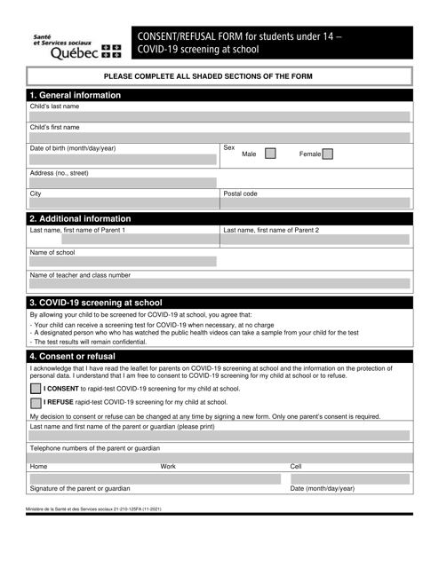Form 21-210-125FA Consent/Refusal Form for Students Under 14 - Covid-19 Screening at School - Quebec, Canada