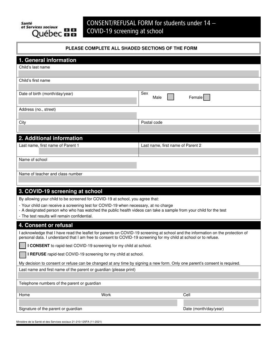 Form 21-210-125FA Consent / Refusal Form for Students Under 14 - Covid-19 Screening at School - Quebec, Canada, Page 1
