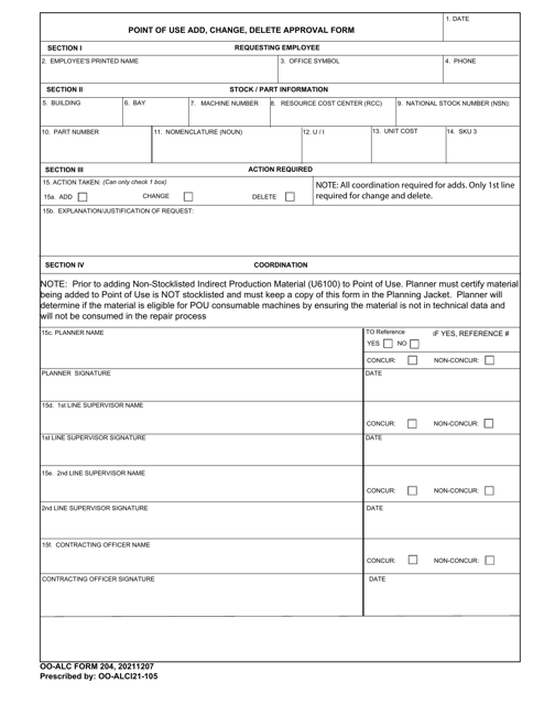 OO-ALC Form 204 Point of Use Add, Change, Delete Approval Form