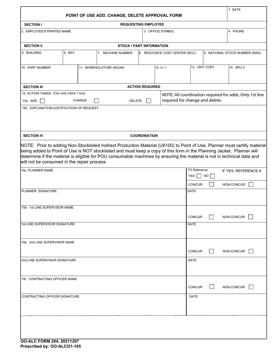 OO-ALC Form 204 Download Fillable PDF or Fill Online Point of Use Add ...