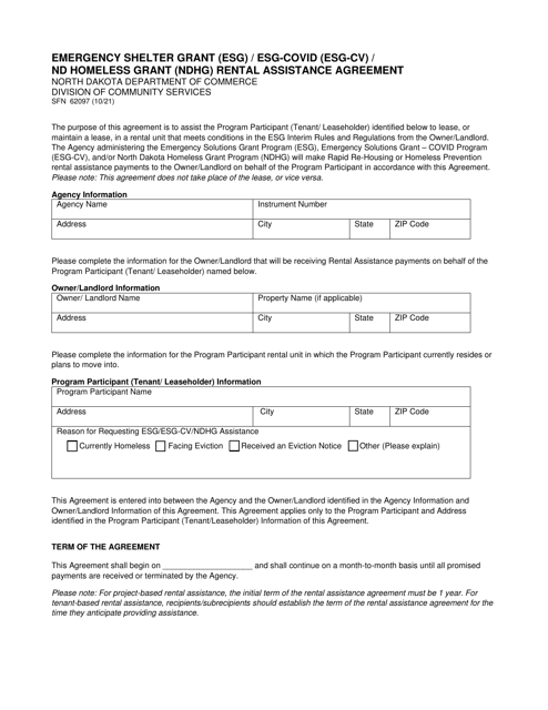 Form SFN62097 Emergency Shelter Grant (Esg)/Esg-Covid (Esg-Cv)/Nd Homeless Grant (Ndhg) Rental Assistance Agreement - North Dakota