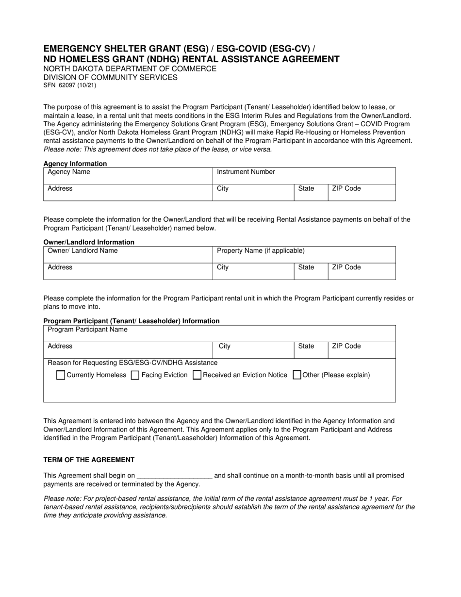 Form SFN62097 Emergency Shelter Grant (Esg) / Esg-Covid (Esg-Cv) / Nd Homeless Grant (Ndhg) Rental Assistance Agreement - North Dakota, Page 1