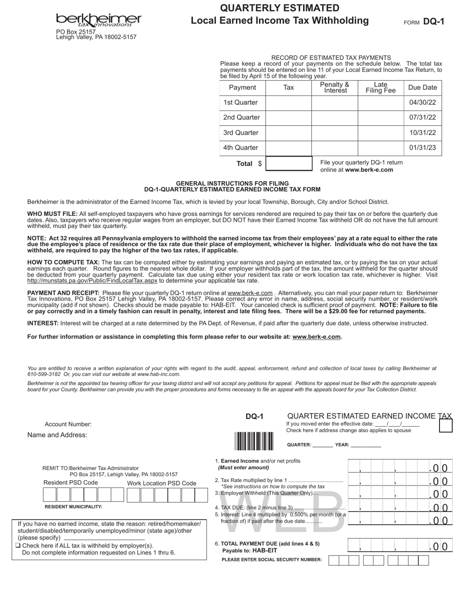 Form DQ1 Download Fillable PDF or Fill Online Quarterly Estimated