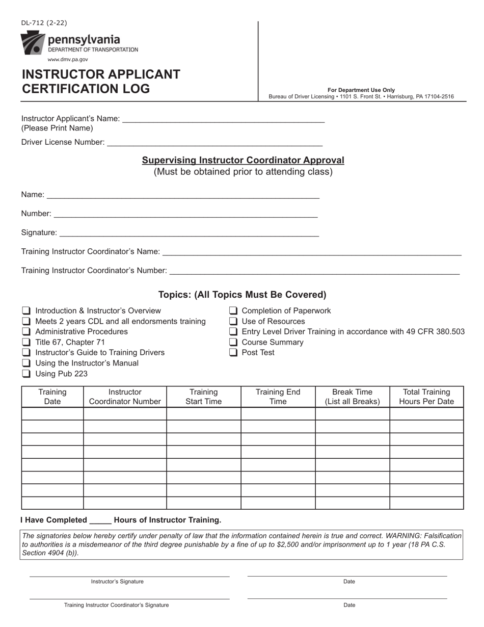 Form DL-712 Instructor Applicant Certification Log - Pennsylvania, Page 1