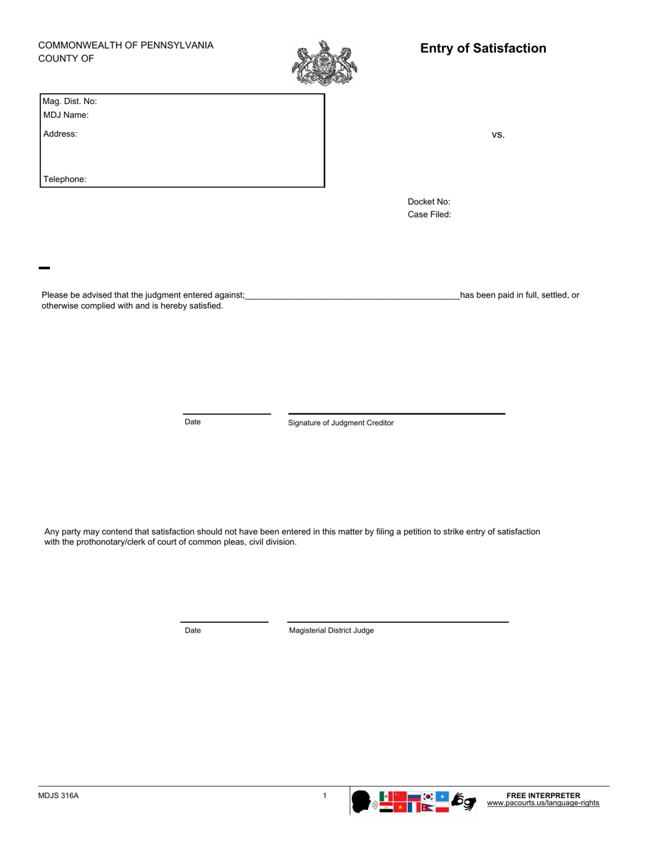 Form MDJS316A Entry of Satisfaction - Pennsylvania, Page 1