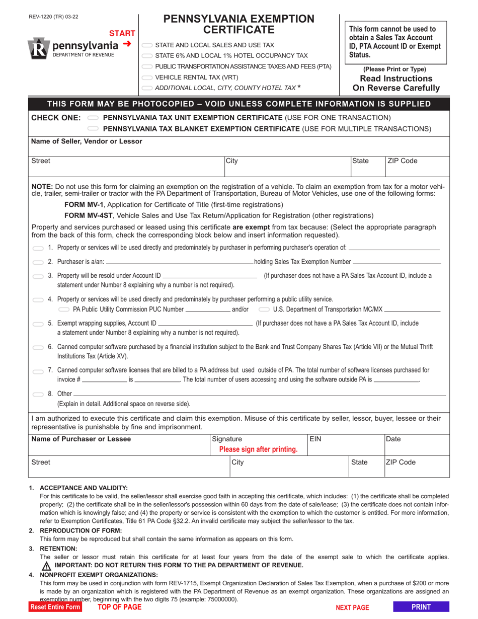 Form REV-1220 Pennsylvania Exemption Certificate - Pennsylvania, Page 1