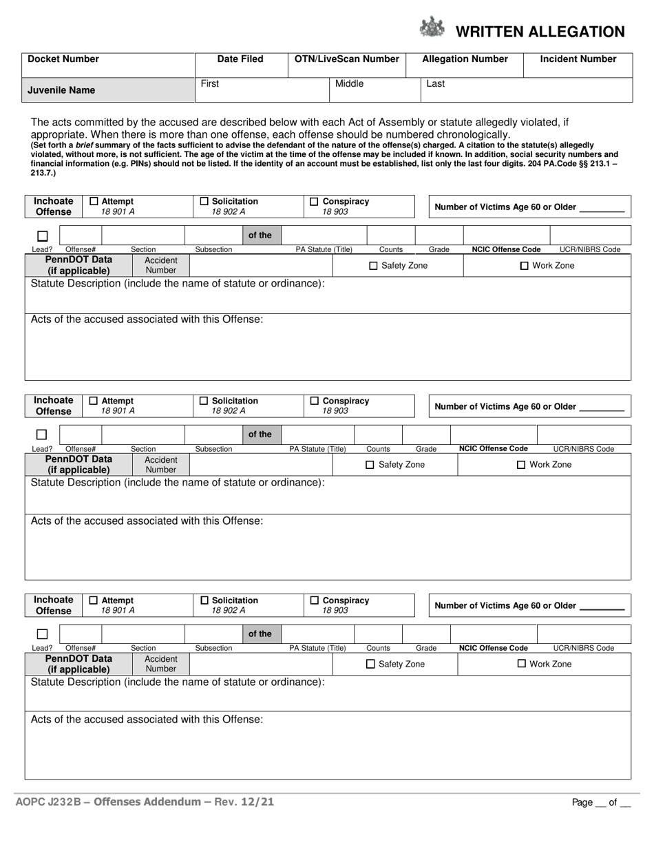 Form AOPC J232B Written Allegation - Extra Offenses Addendum - Pennsylvania, Page 1