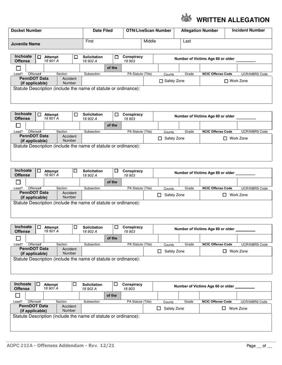 Form AOPC J232A Written Allegation - Extra Offenses Addendum - Pennsylvania, Page 1
