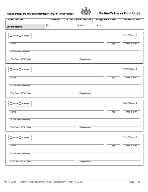Form AOPC J232 Victim/Witness Data Sheet - Pennsylvania