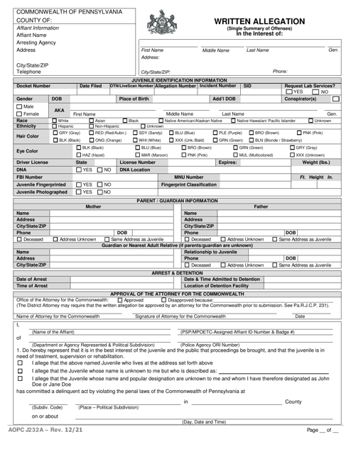 Form AOPC J232A Written Allegation - Single Summary of Offenses - Pennsylvania
