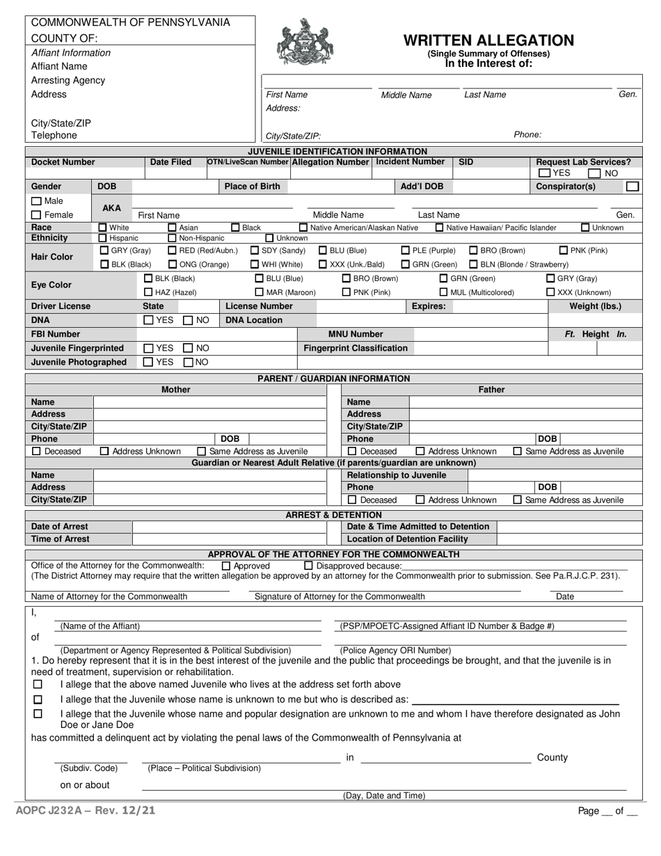 Form AOPC J232A Written Allegation - Single Summary of Offenses - Pennsylvania, Page 1