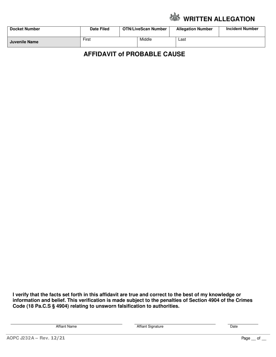 Form AOPC J232A Written Allegation - Single Summary of Offenses - Pennsylvania, Page 4