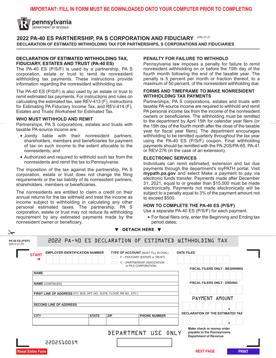 Form PA-40 ES (P / S / F) Declaration of Estimated Withholding Tax for Partnerships, S Corporations and Fiduciaries - Pennsylvania, Page 1
