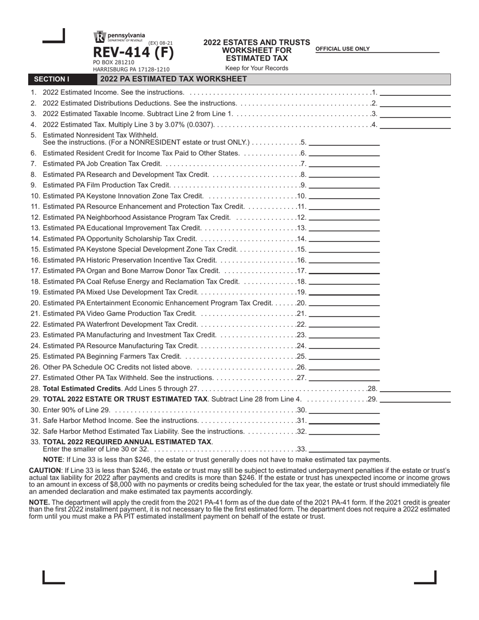 Form REV-414 (F) Estates and Trusts Worksheet for Estimated Tax - Pennsylvania, Page 1