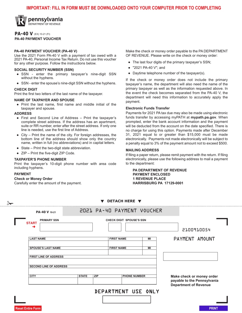 Form PA-40 V Payment Voucher - Pennsylvania, Page 1