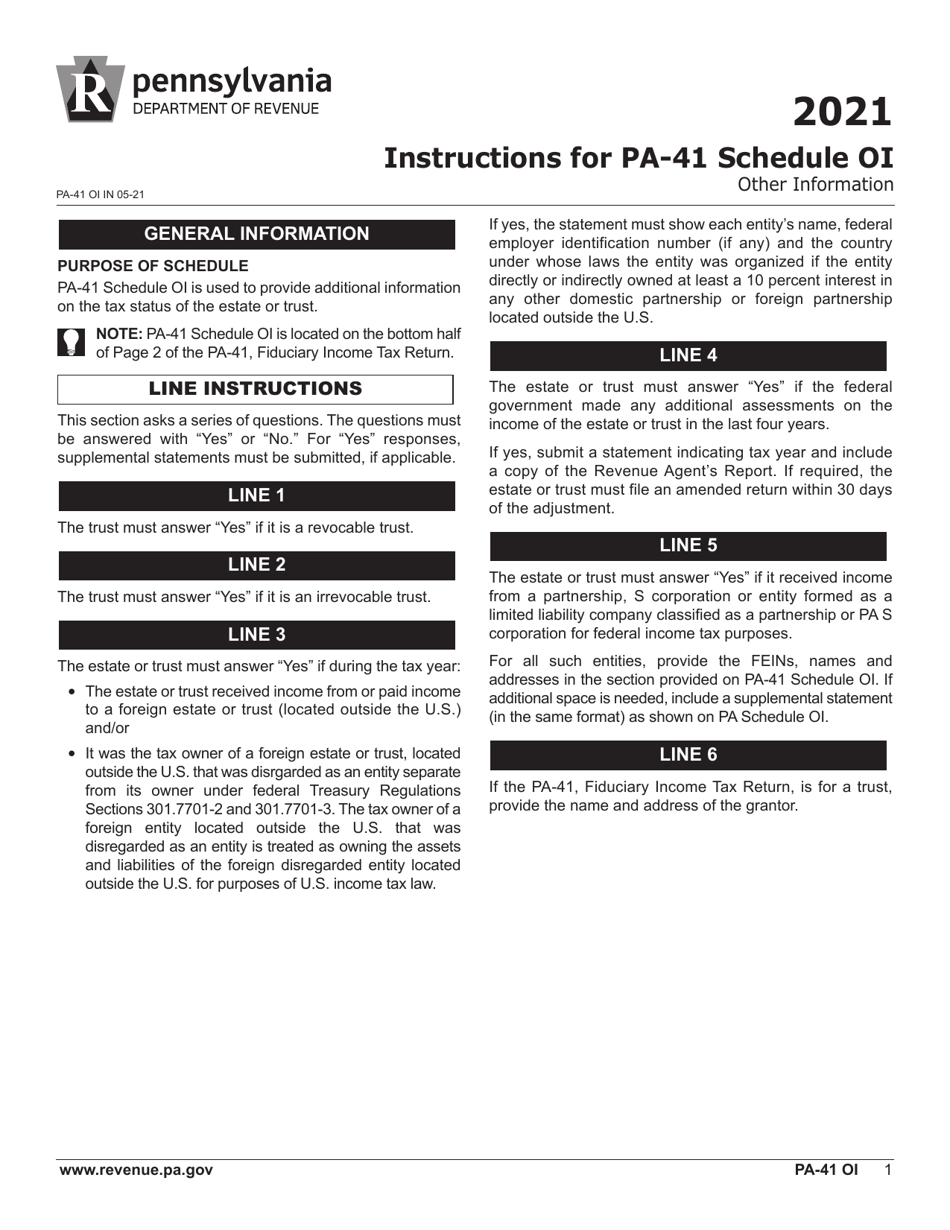 Download Instructions for Form PA41 Schedule OI Other Information PDF