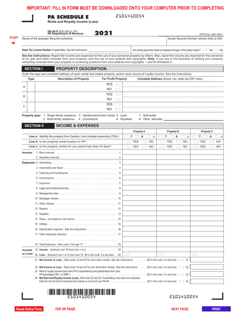 Form PA-40 Schedule E 2021 Printable Pdf