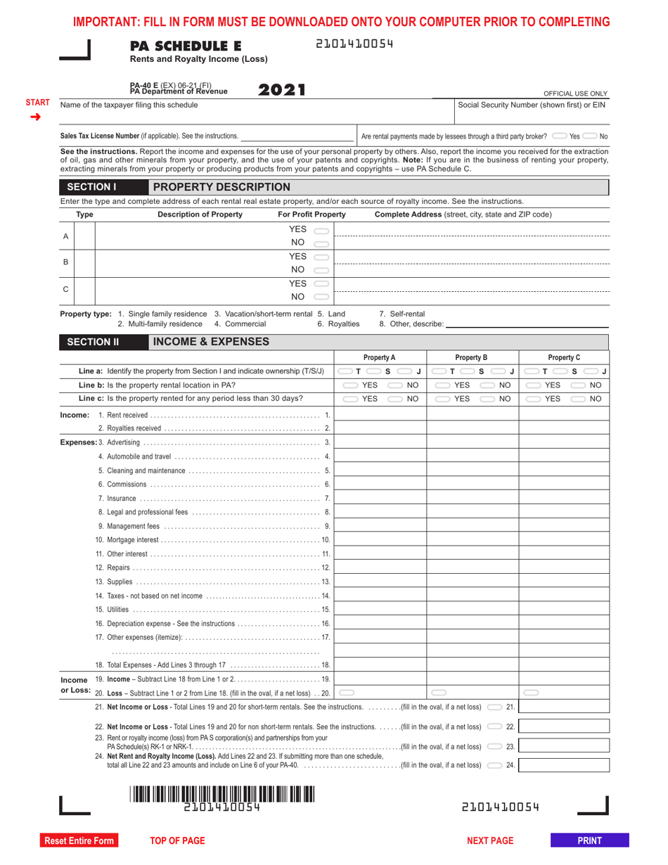 Form PA-40 Schedule E - 2021 - Fill Out, Sign Online and Download ...