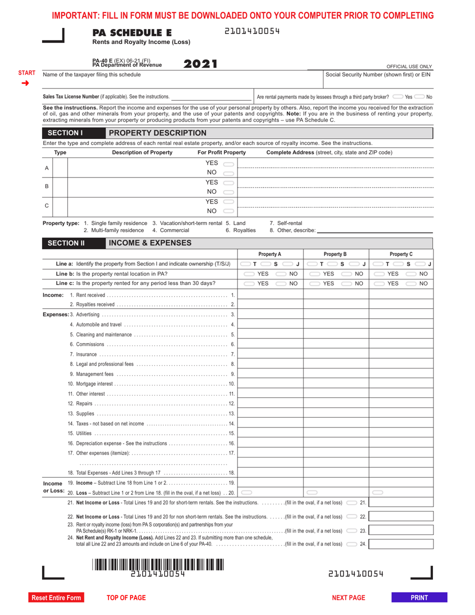 Form PA-40 Schedule E Rents and Royalty Income (Loss) - Pennsylvania, Page 1