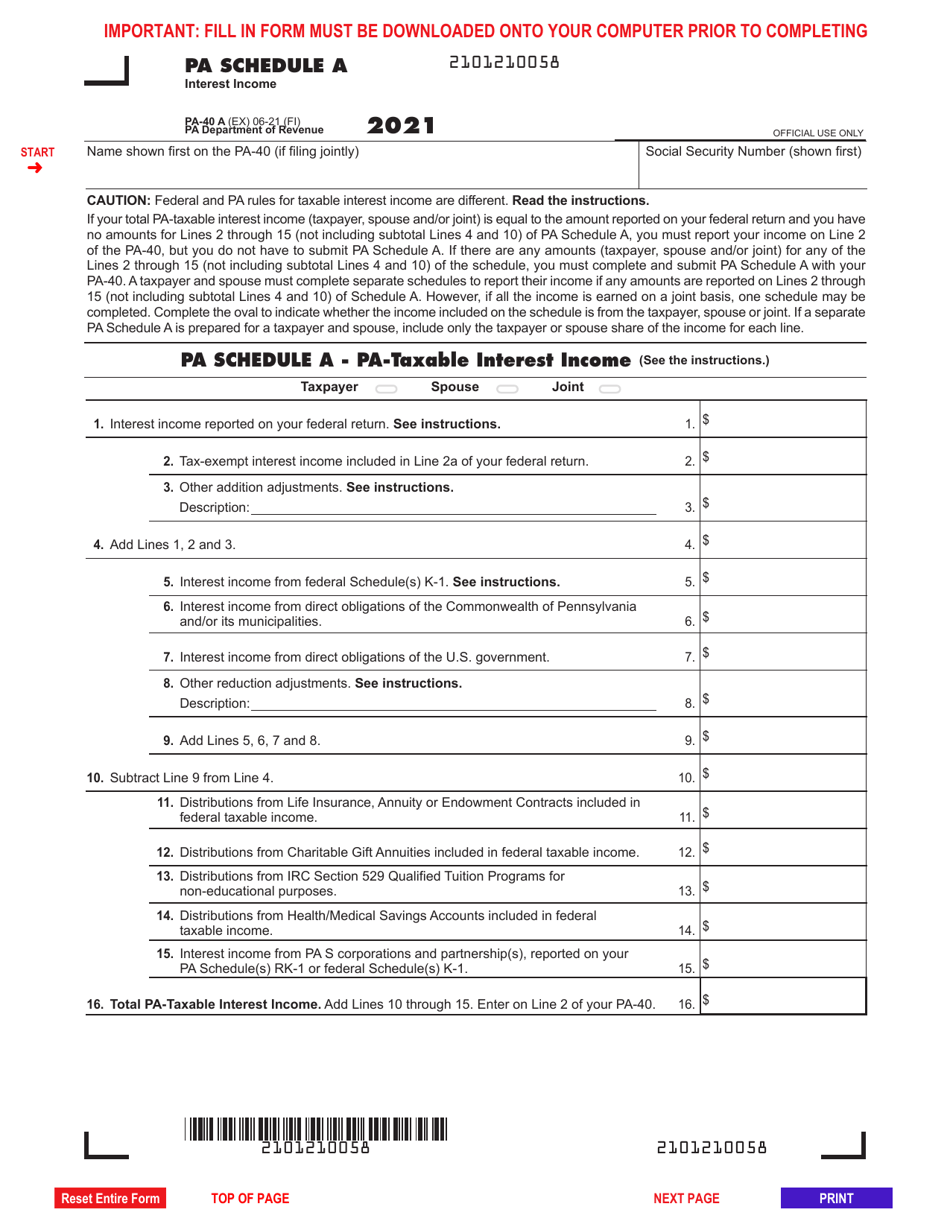 Form PA-40 Schedule A - 2021 - Fill Out, Sign Online and Download ...