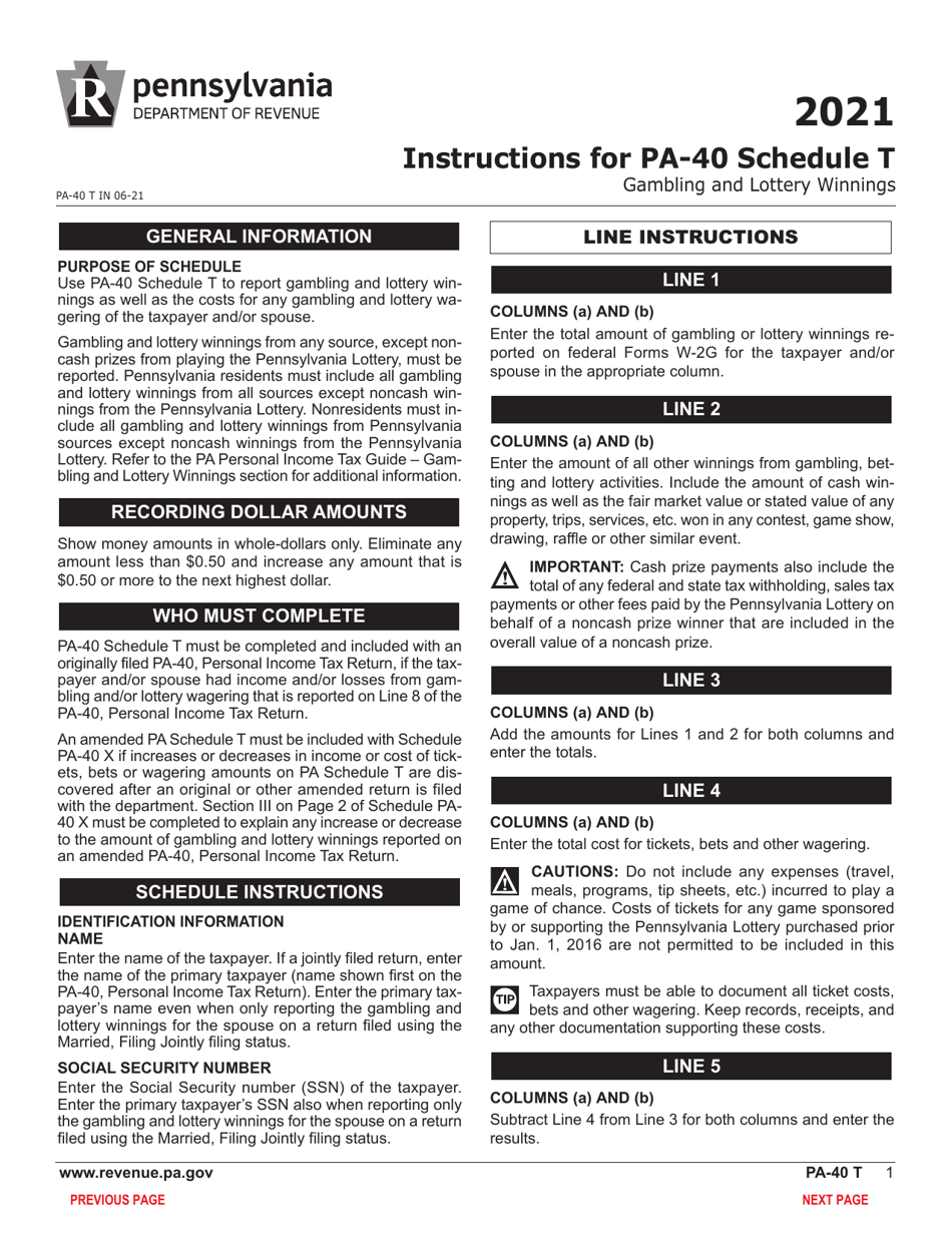 Form PA-40 Schedule T Gambling and Lottery Winnings - Pennsylvania, Page 3