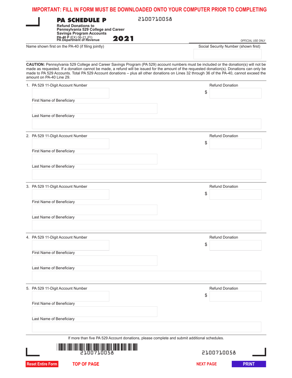 Form PA-40 Schedule P Refund Donations to Pennsylvania 529 College and Career Savings Program Accounts - Pennsylvania, Page 1