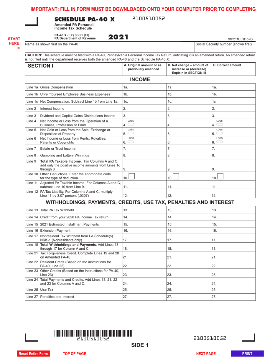 Form PA-40 Schedule X Amended Pa Personal Income Tax Schedule - Pennsylvania, Page 1