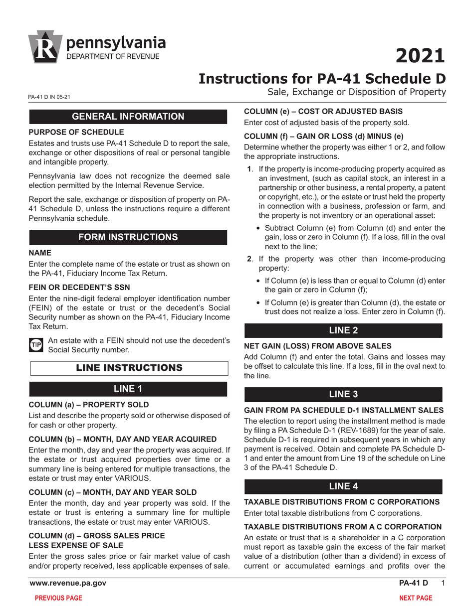 Form PA-41 Schedule D Sale, Exchange or Disposition of Property - Pennsylvania, Page 3