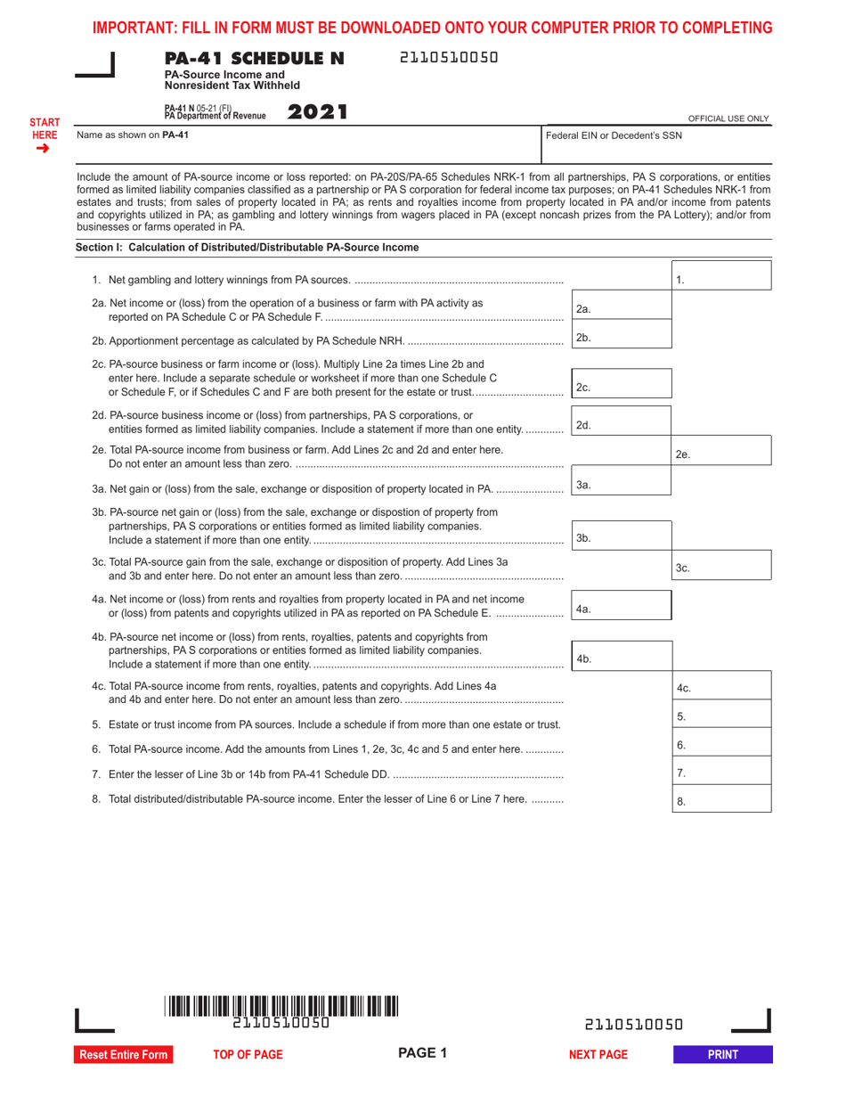 Form Pa 41 Schedule N Download Fillable Pdf Or Fill Online Pa Source Income And Nonresident Tax