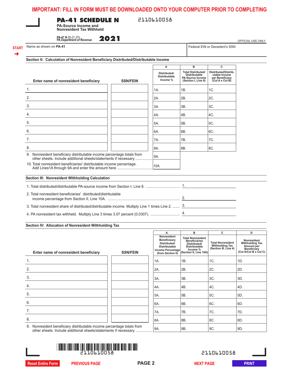Form PA-41 Schedule N Pa-Source Income and Nonresident Tax Withheld - Pennsylvania, Page 2