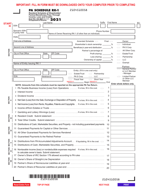 Form PA-41 Schedule RK-1 2021 Printable Pdf