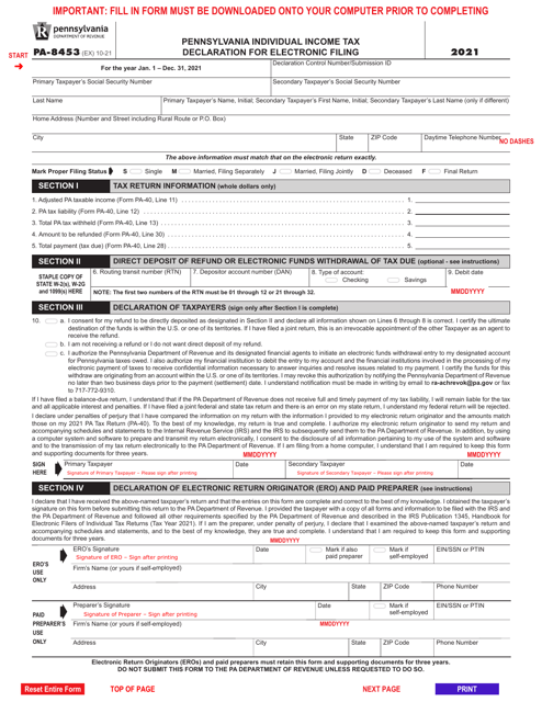 Form PA-8453 2021 Printable Pdf