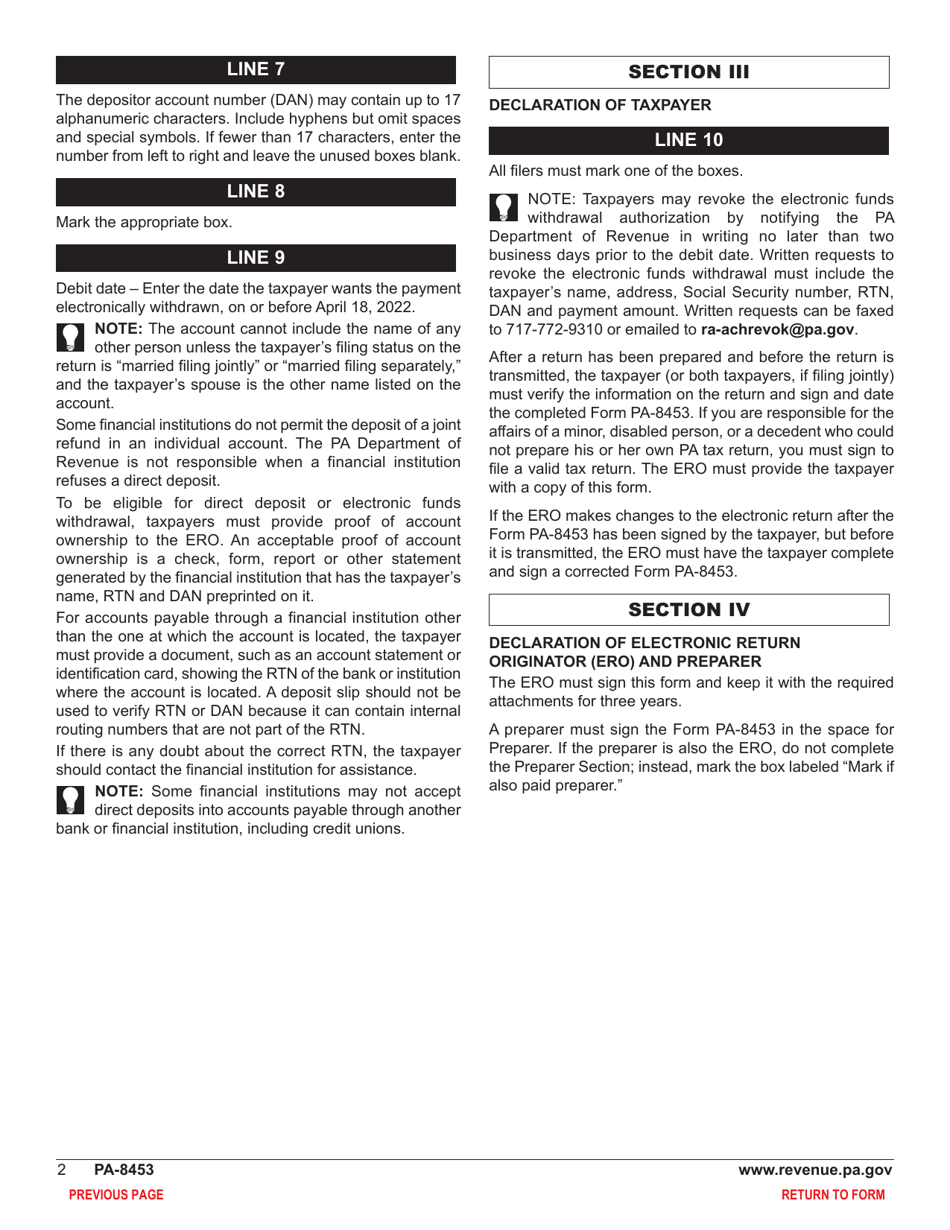 Form PA-8453 Pennsylvania Individual Income Tax Declaration for Electronic Filing - Pennsylvania, Page 4